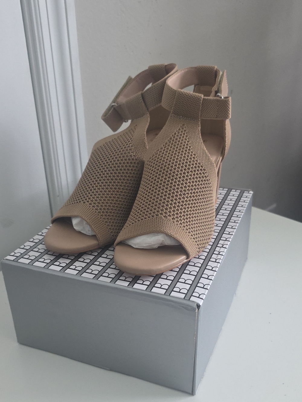 Knit Peep-Toe Wedge Sandals in Tan - Women